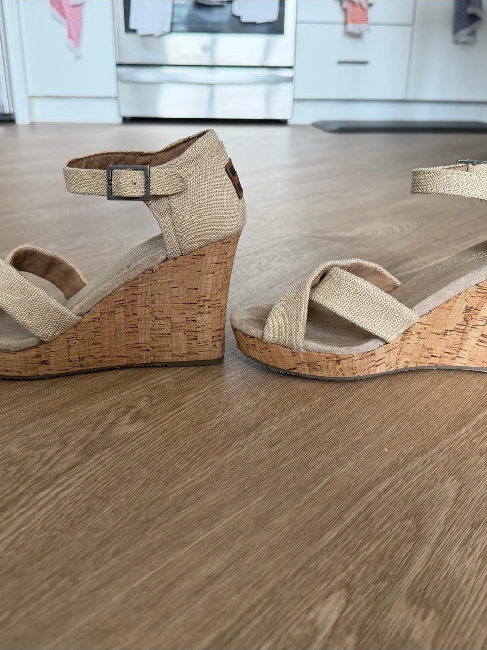 Toms Beige Cork Wedge Sandals with Fabric Straps